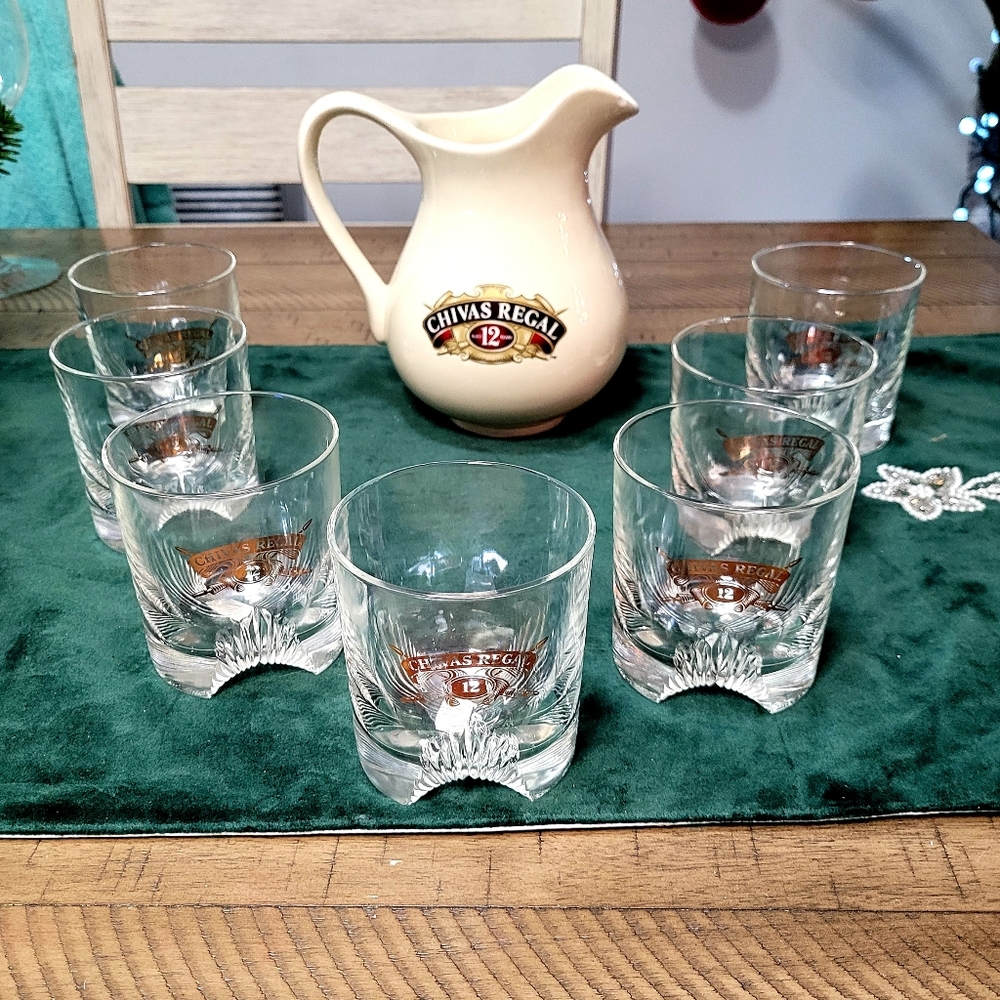 Chivas Regal 12 Year Scotch Whiskey Glasses and Jar set Made in france
